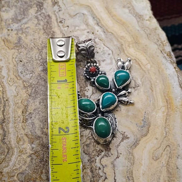 Turquoise & Coral Prickly Pear Cactus Pendant Sterling Silver Southwest Unisex - Picture 3 of 7